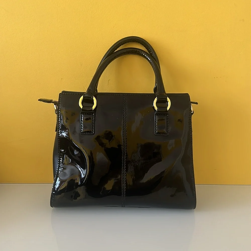 Karen Millen Black Patent Leather Structured Satchel Double Handle Tote Bag